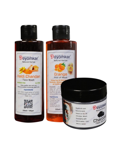 

Deyomkar Haldi Chandan Facewash, Charcol Scrub And Orange Peel of Mask- 200ml each, Green