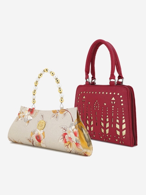 Element Cart Pack of 2 Beige & Maroon Printed Purse Clutch