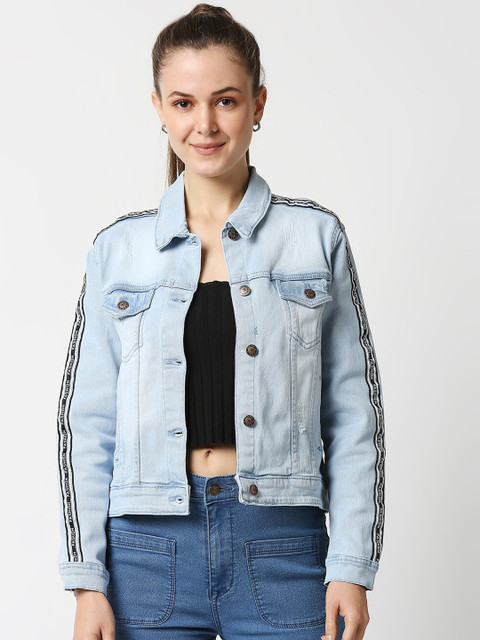 

High Star Women Blue Washed Cotton Crop Denim Jacket