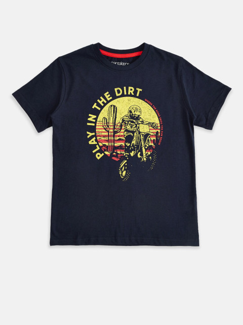 

Pantaloons Junior Boys Navy Blue & Yellow Printed Applique T-shirt
