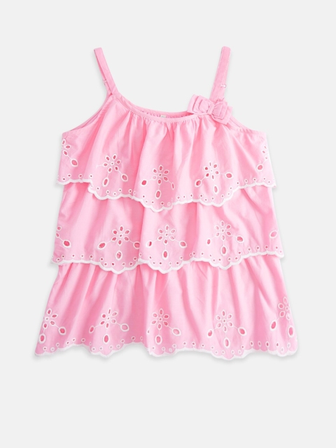 

Pantaloons Junior Pink Floral Embroidered Pure Cotton Tiered Top