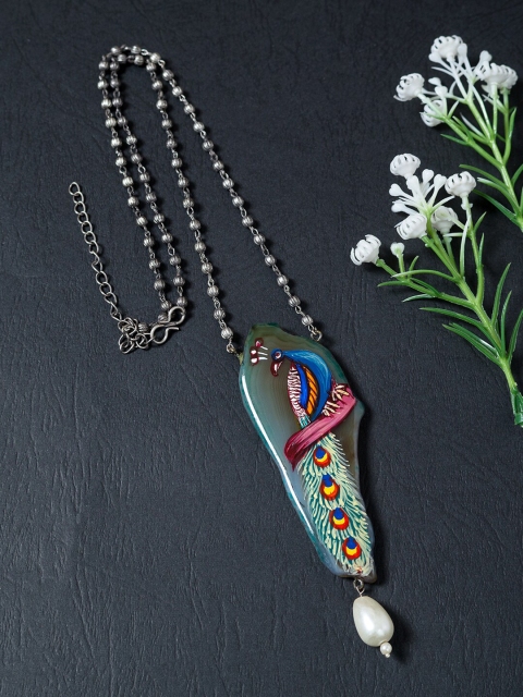 

Golden Peacock Silver-Toned & Blue Hand Painted Necklace