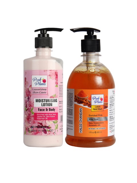 

Pink Plums Pink Blossom Haldi Chandan Rose Pack of 2 Liquid Handwash & Moisturisers, Multi