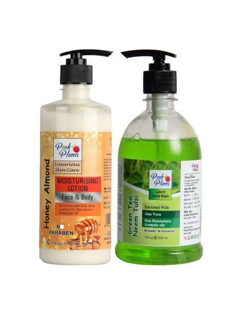 

Pink Plums Pack of 2 Honey Almond Moisturizing Lotion & Green Tea Hand Wash, Multi