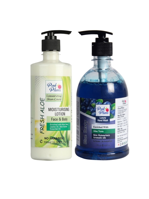 

Pink Plums Pack of 2 Fresh Aloe Moisturizing Lotion & Blue Berry Hand wash, Multi