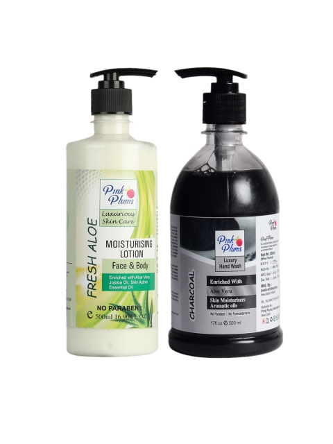 

Pink Plums Pack of 2 Fresh Aloe Moisturizing Lotion & Charcoal Hand Wash, Multi
