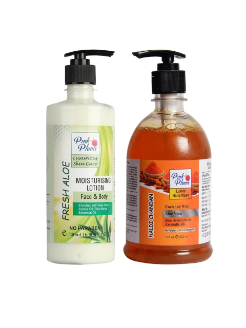 

Pink Plums Pack of 2 Fresh Aloe Moisturizing Lotion & Haldi Chandan Hand Wash, Multi