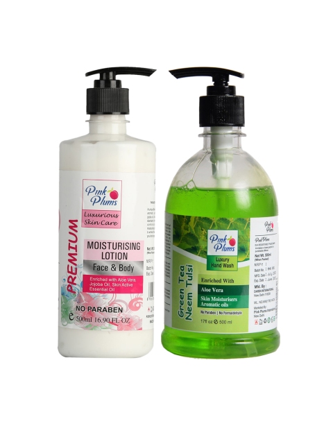 

Pink Plums Pack of 2 Premium Moisturizing Lotion & Green Tea Neem Tulsi Hand Wash, Multi
