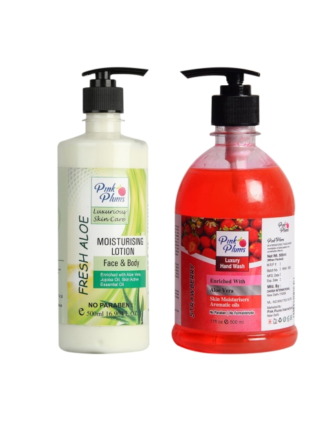 

Pink Plums Pack of 2 Fresh Aloe Moisturizing Lotion & Strawberry Hand Wash, Multi