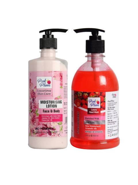 

Pink Plums Pack of 2 Pink Blossom Moisturizing Lotion & Strawberry Hand Wash, Multi