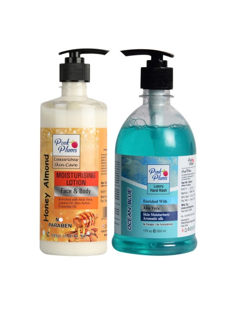 

Pink Plums Pack of 2 Honey Almond Moisturizing Lotion & Ocean Blue Hand Wash, Multi