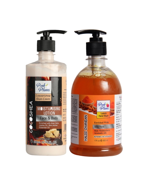 

Pink Plums Pack of 2 Cocoa Shea Moisturizing Lotion & Haldi Chandan Hand Wash, Multi