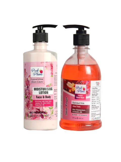 

Pink Plums Pack of 2 Pink Blossom Moisturizing Lotion & Skin Fruit Hand Wash, Multi