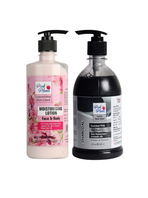 

Pink Plums Pack of 2 Pink Blossom Moisturizing Lotion & Charcoal Hand Wash, Multi