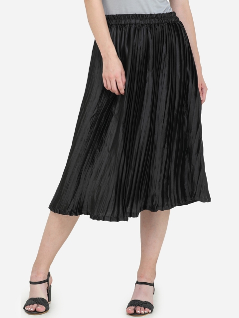 

DECHEN Women Black Solid A-Line Satin Pleated Skirt