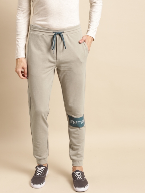 

United Colors of Benetton Men Grey Melange Brand Logo Printed Joggers, Beige