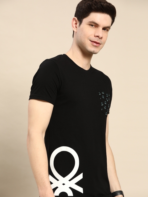 

United Colors of Benetton Men Black & White Brand Logo Printed Pocket T-shirt