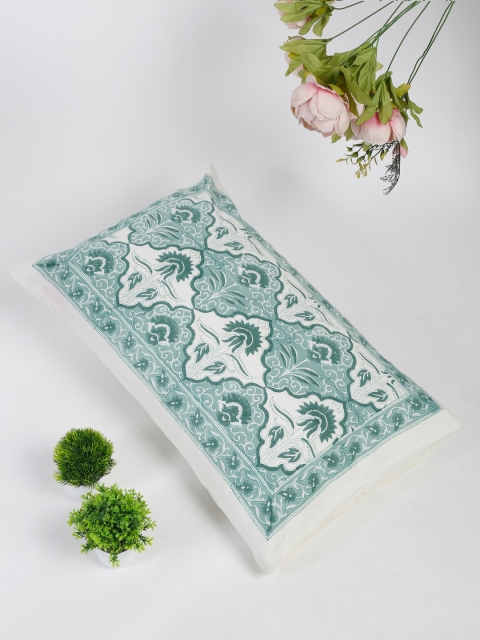 

Fabindia White & Sea-Green Printed Cotton Pillow Cover