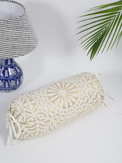 

Fabindia Off White & Gold-Toned Embroidered Cotton Bolster Cover