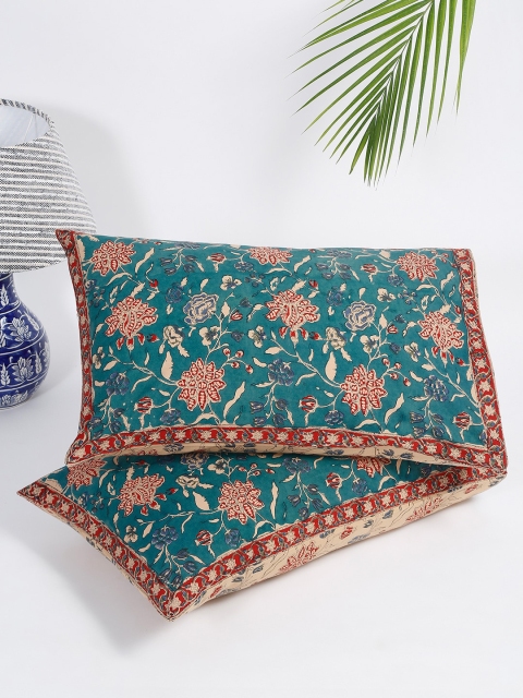 

Fabindia Set Of 2 Teal Green & Maroon Printed Cotton Rectangular Pillow
