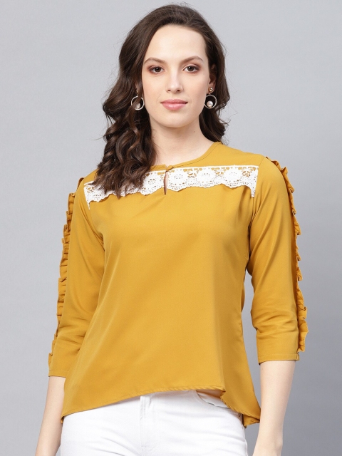 

Bhama Couture Mustard Yellow & White Ruffles Crepe High-Low Top