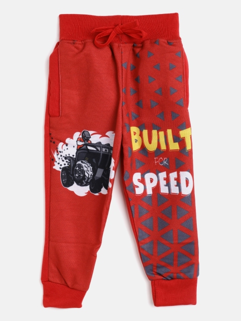 

Eteenz Boys Red & Charcoal Grey Printed Pure Cotton Joggers