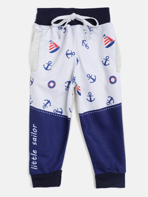 

Eteenz Boys White & Navy Blue Nautical Print Pure Cotton Joggers