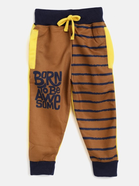 

Eteenz Boys Mustard Brown & Navy Blue Striped Pure Cotton Joggers