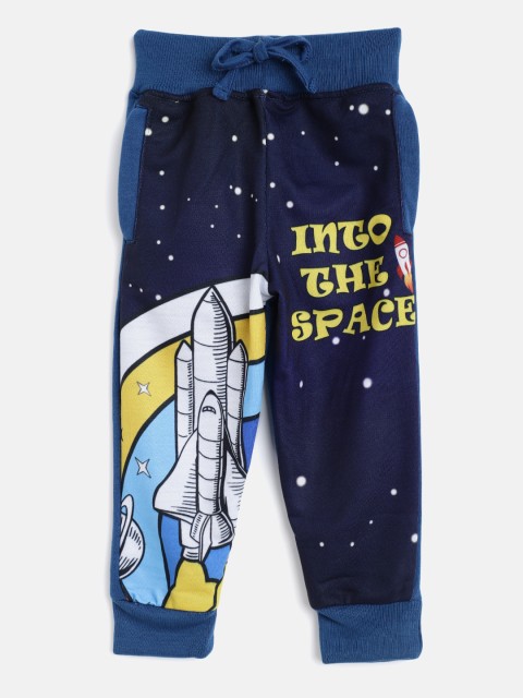 

Eteenz Boys Blue & Yellow Rocket & Typography Print Pure Cotton Joggers