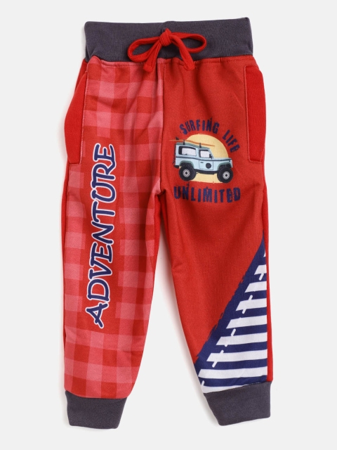 

Eteenz Boys Red & Navy Blue Printed Pure Cotton Joggers