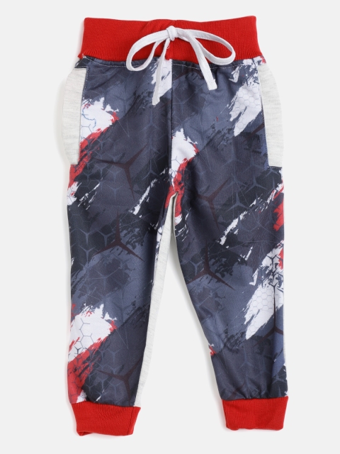 

Eteenz Boys Navy Blue & Grey Melange Abstract Printed Pure Cotton Joggers