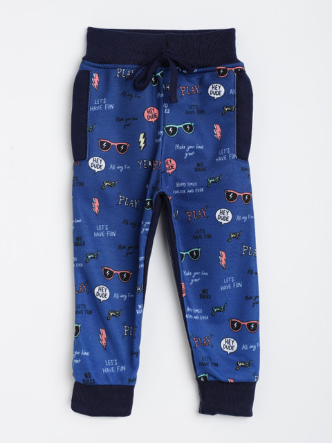 

Eteenz Boys Navy Blue & White Typography Printed Pure Cotton Joggers
