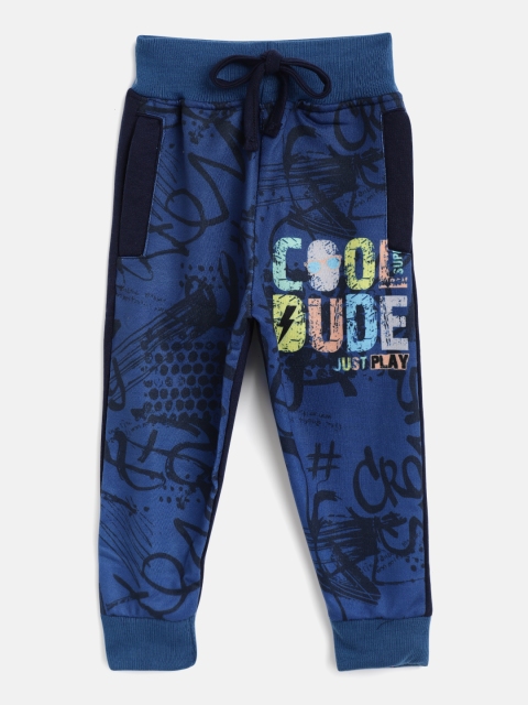 

Eteenz Boys Navy Blue & Yellow Abstract & Typography Print Pure Cotton Joggers