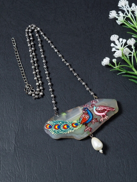 

Golden Peacock Green & Silver-Toned Hand Painted Necklace