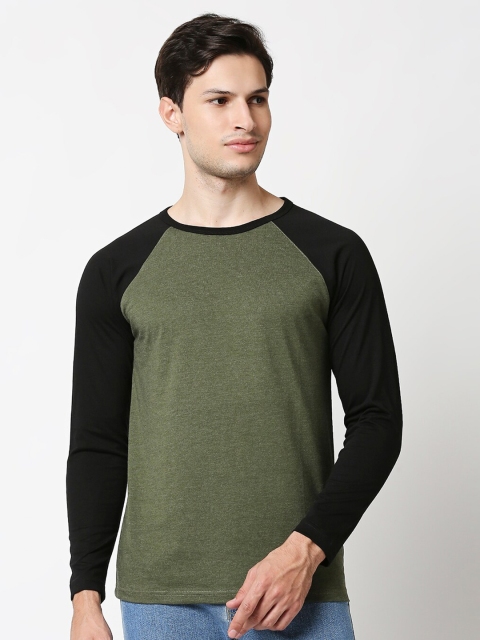 

Bewakoof Men Black & Olive Green Colourblocked Cotton T-shirt