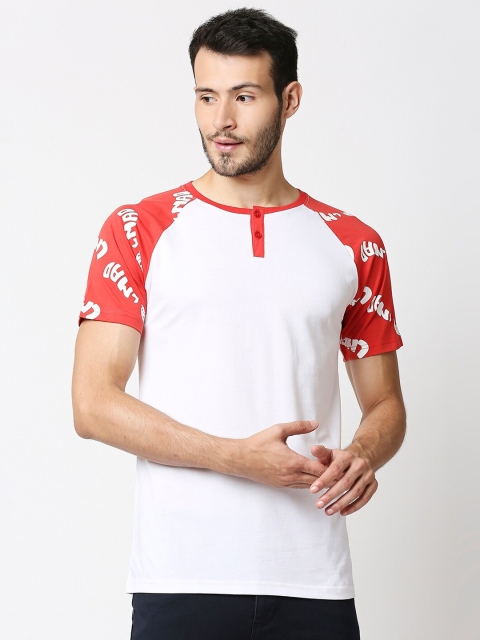 

Bewakoof Men White & Red Typography Henley Neck Cotton T-shirt