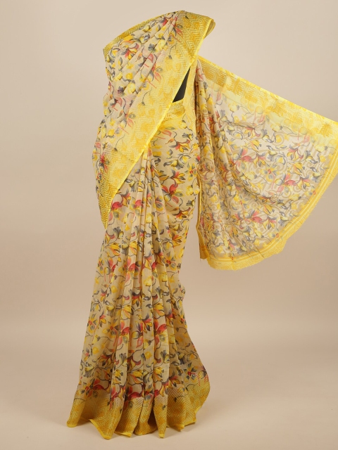 

Pothys Cream-Coloured & Yellow Floral Saree