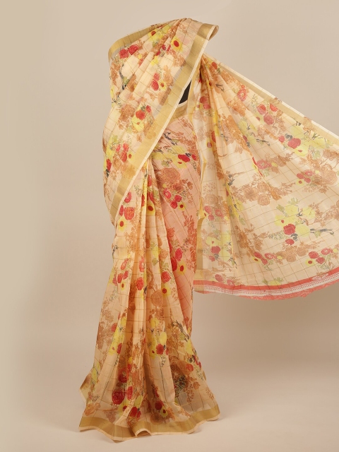 

Pothys Peach-Coloured & Red Floral Zari Saree