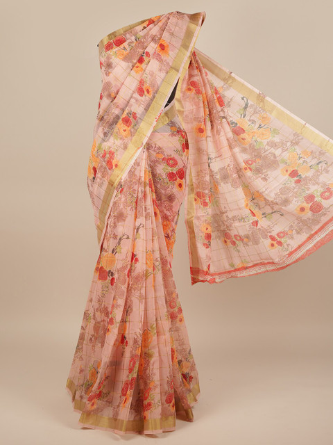 

Pothys Peach-Coloured & Pink Floral Saree