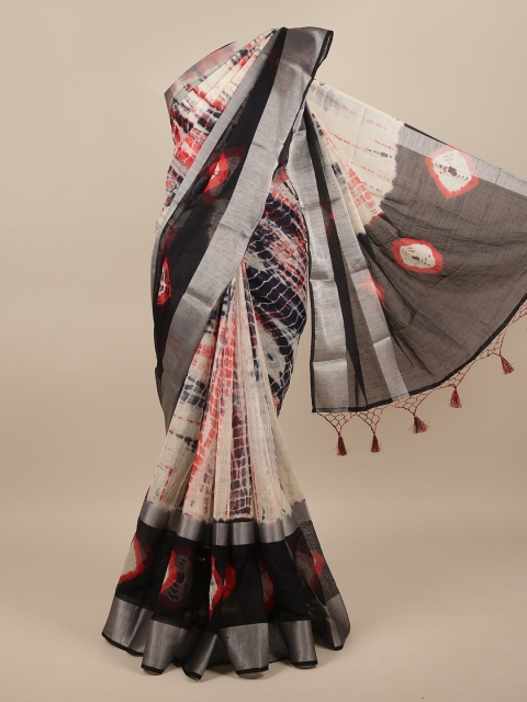 

Pothys White & Black Tie and Dye Zari Linen Blend Saree