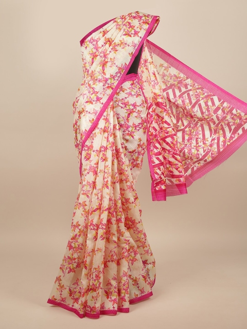

Pothys Cream-Coloured & Pink Floral Saree