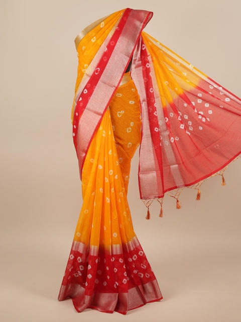

Pothys Yellow & Red Bandhani Zari Linen Blend Saree