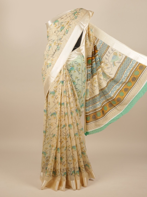 

Pothys Cream-Coloured & Green Printed Saree