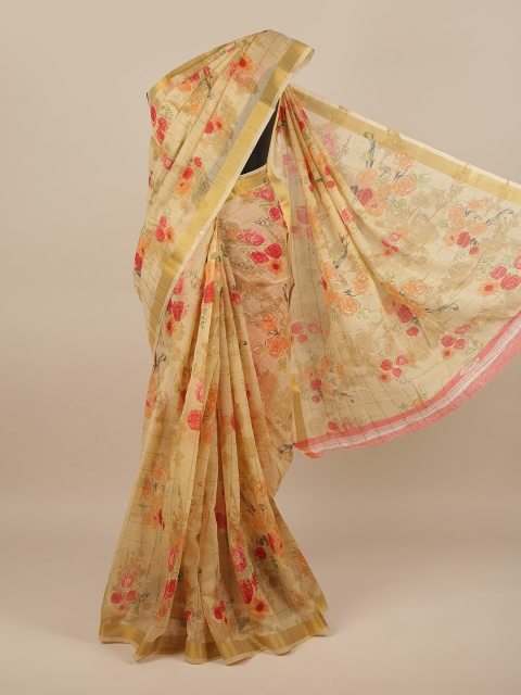 

Pothys Beige & Pink Floral Zari Saree