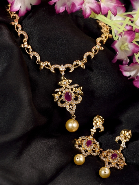 

Saraf RS Jewellery Gold-Plated Magenta & White AD Studded Jewellery Set