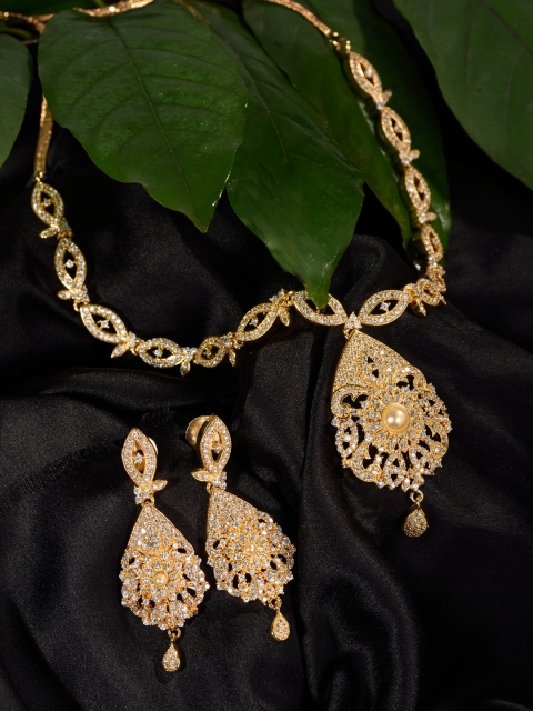 

Saraf RS Jewellery Gold-Plated White & Pink AD-Studded & Beaded Jewellery Set