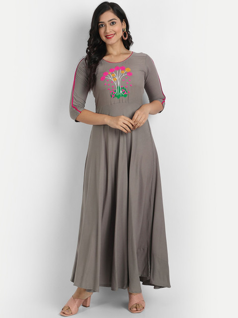 

Globon Impex Grey & Pink Floral Embroidered Maxi Dress
