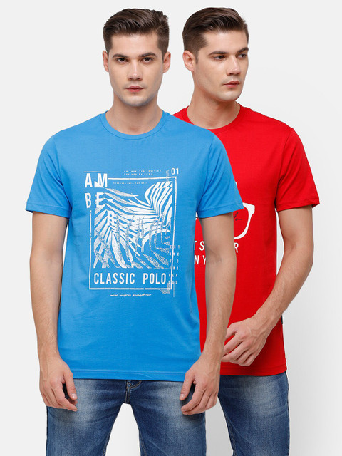 

Classic Polo Men Pack Of 2 Blue & Red Typography Printed Slim Fit T-shirt