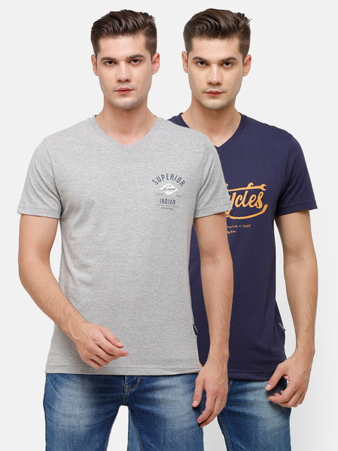 

Classic Polo Men Pack Of 2 Grey Melange & Blue Typography Printed V-Neck Slim Fit T-shirt
