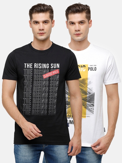 

Classic Polo Men Pack Of 2 White & Black Printed Slim Fit T-shirt